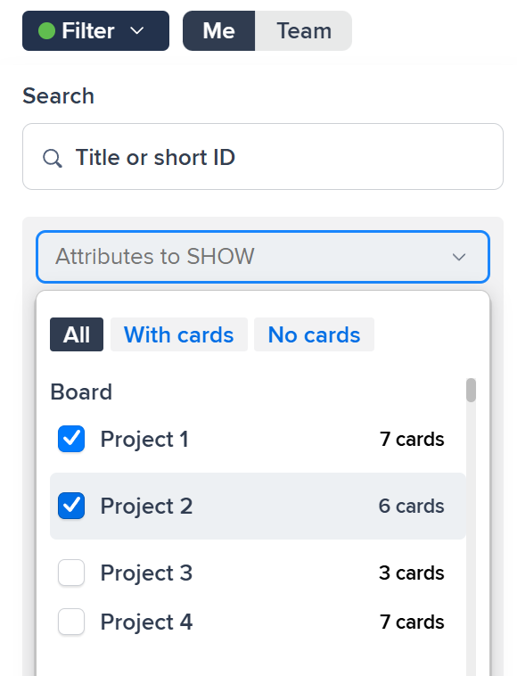 Screenshot showing the search and filter interface working across multiple grouped boards with results displayed from various projects