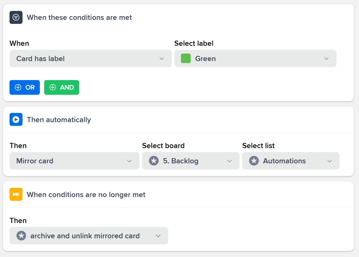 Screenshot of mirroring rules configuration interface with criteria settings and automatic card mirroring based on conditions