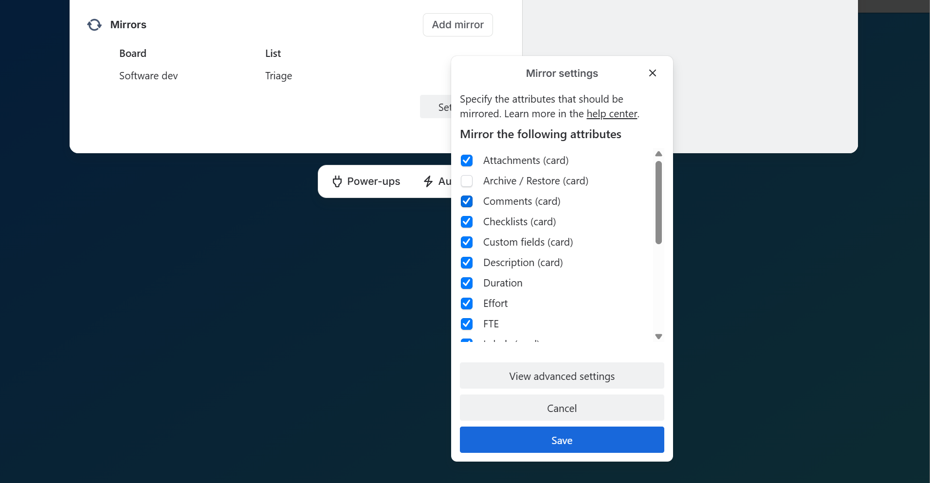 Placker's Mirror settings dialog on a Trello card, with checkboxes selecting which card attributes are mirrored.