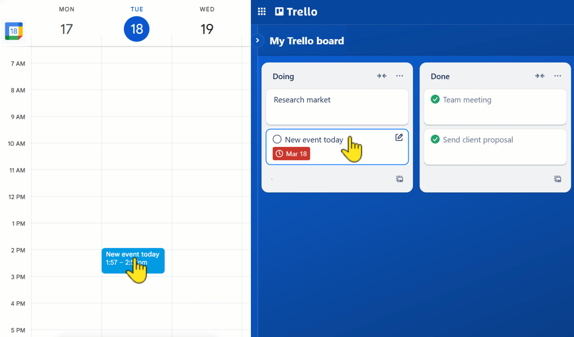 Screenshot showing integrated view of Trello tasks and Google Calendar events together in a unified calendar interface