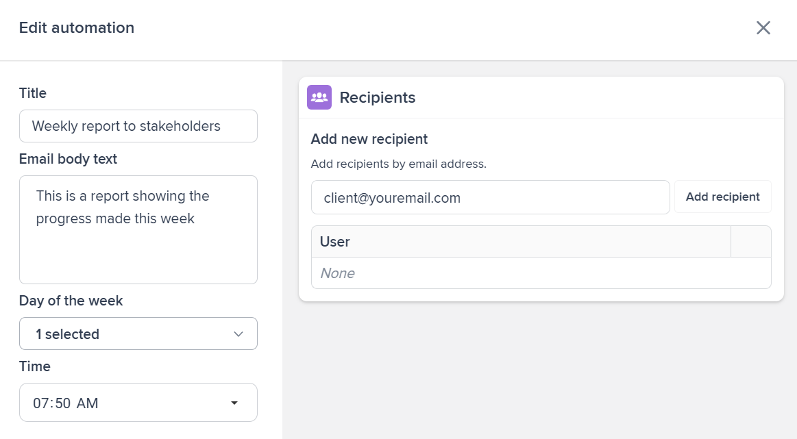 Screenshot of automated report setup interface with scheduling options, multi-board compilation, and email distribution settings